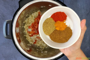adding tomato and spices to instant pot