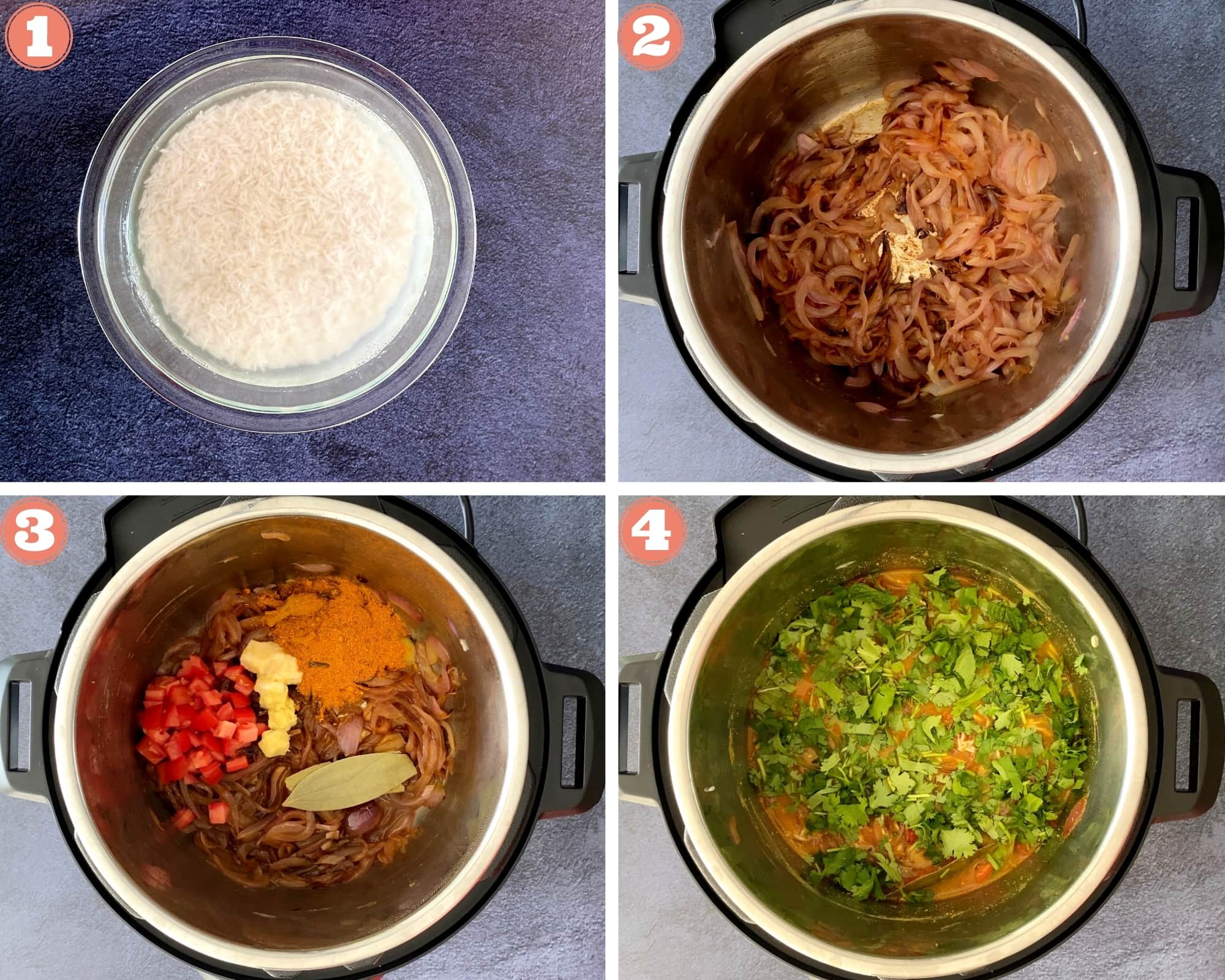 four steps showing soaked rice, frying onions and aromatics, then assembling biryani in the pot