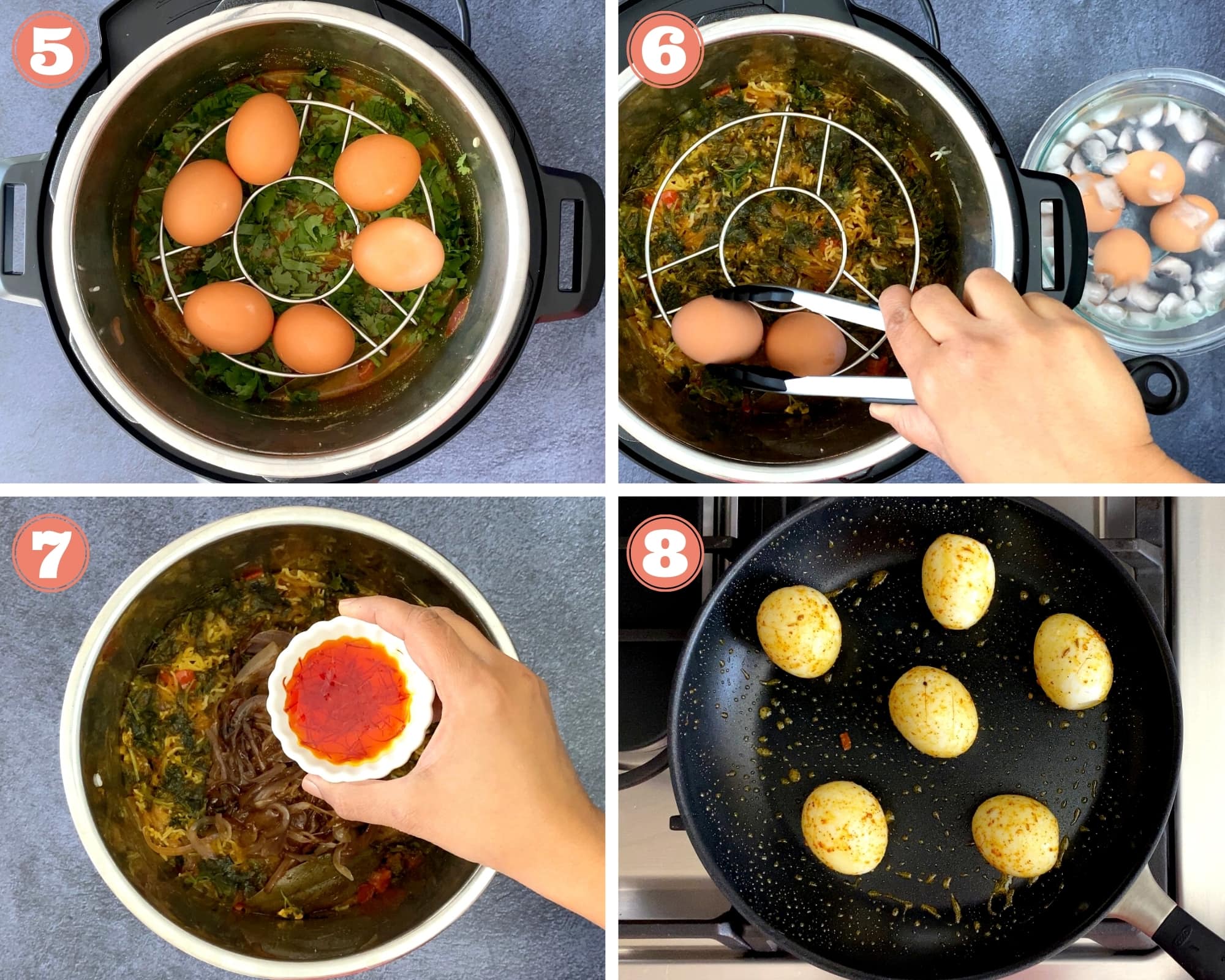 four steps showing eggs layered on top of rice, adding saffron liquid, then frying eggs in pan