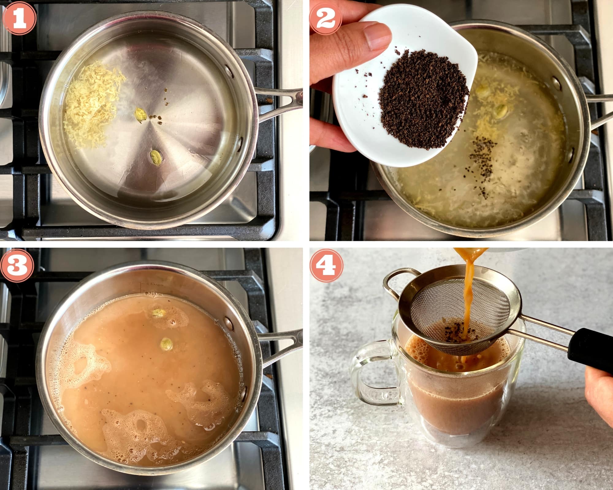 Four steps showing how to make Indian Ginger Tea