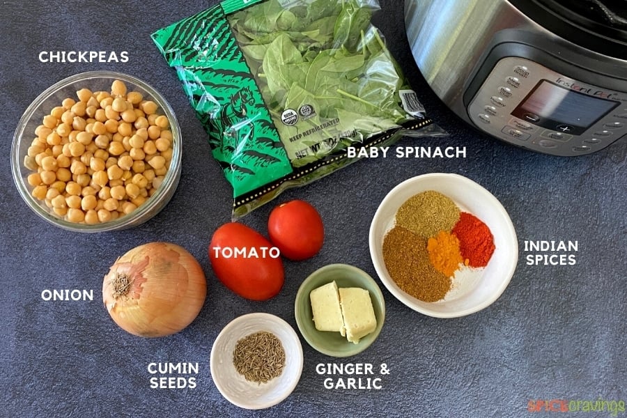 chickpeas, onion, tomatoes, ground spices, ginger, garlic, spinach, instant pot