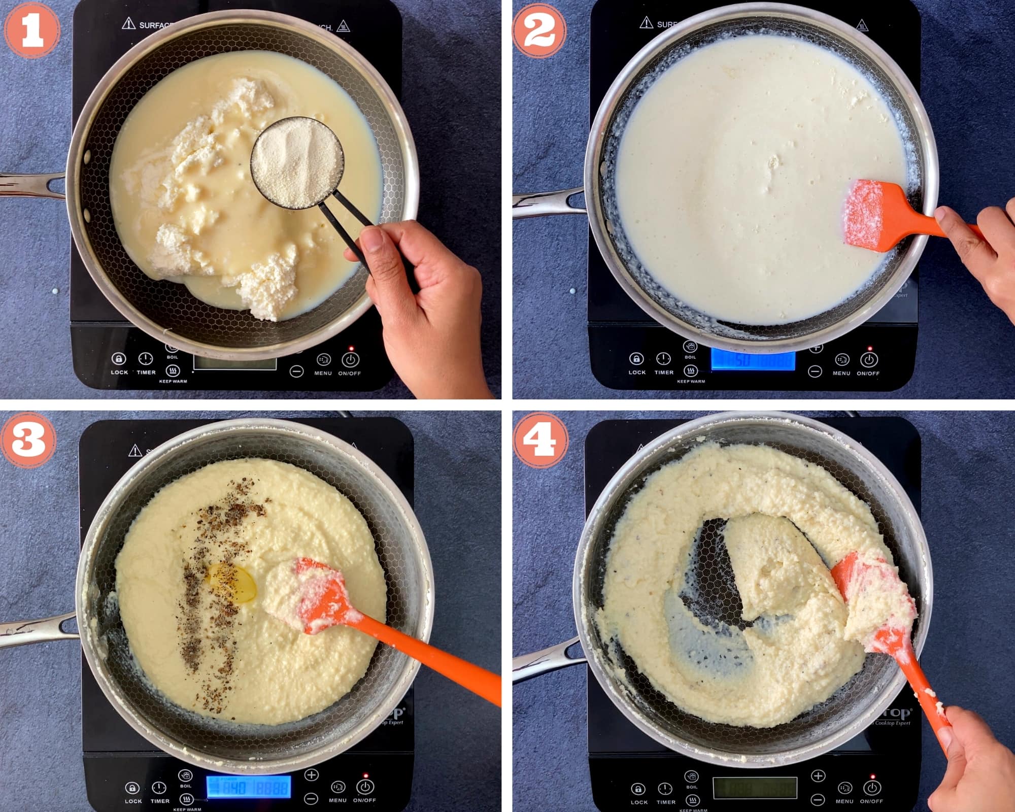 four step grid for thickening ricotta mix for kalakand