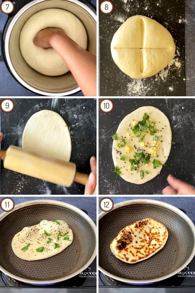 six step grid for making garlic butter naan bread in skillet