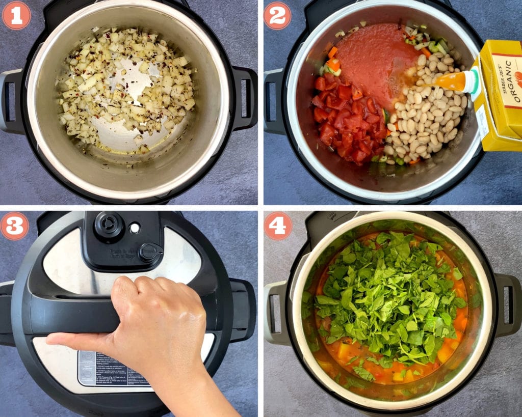 four step grid for preparing minestone soup in instant pot