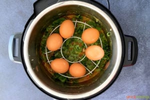 eggs placed on trivet over rice in instant pot