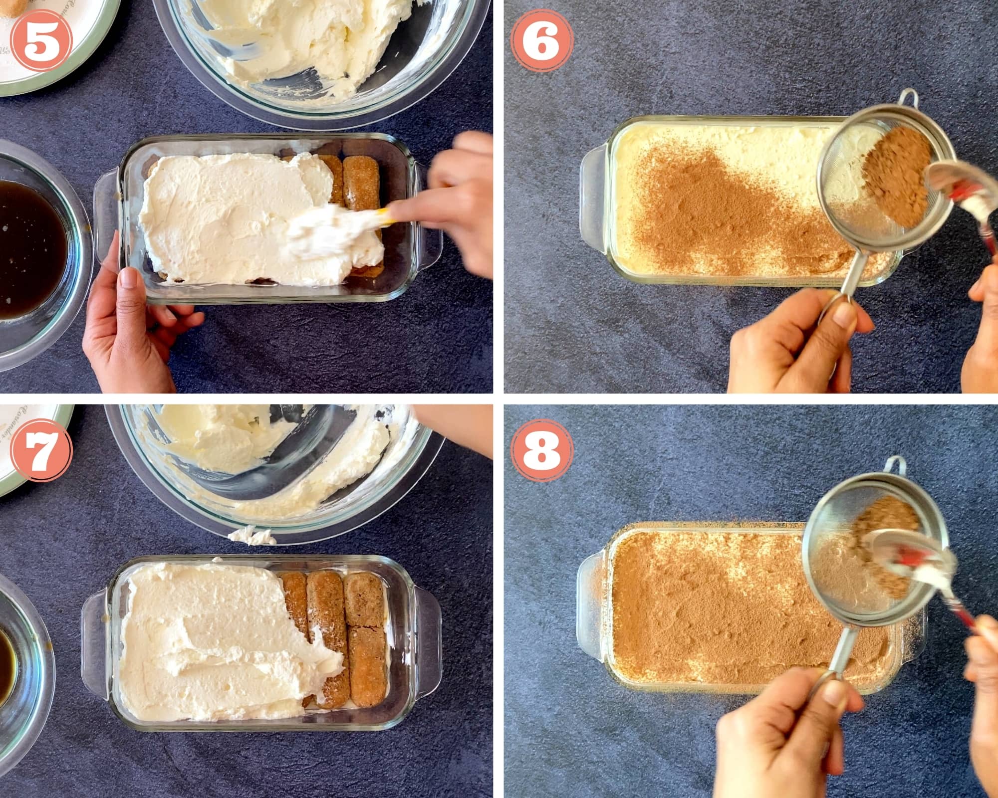 four step grid finishing assembling eggless tiramisu in loaf pan