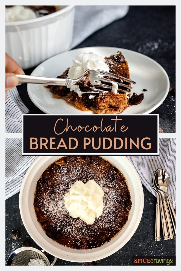 A plate with chocolate bread pudding and bowl with pudding