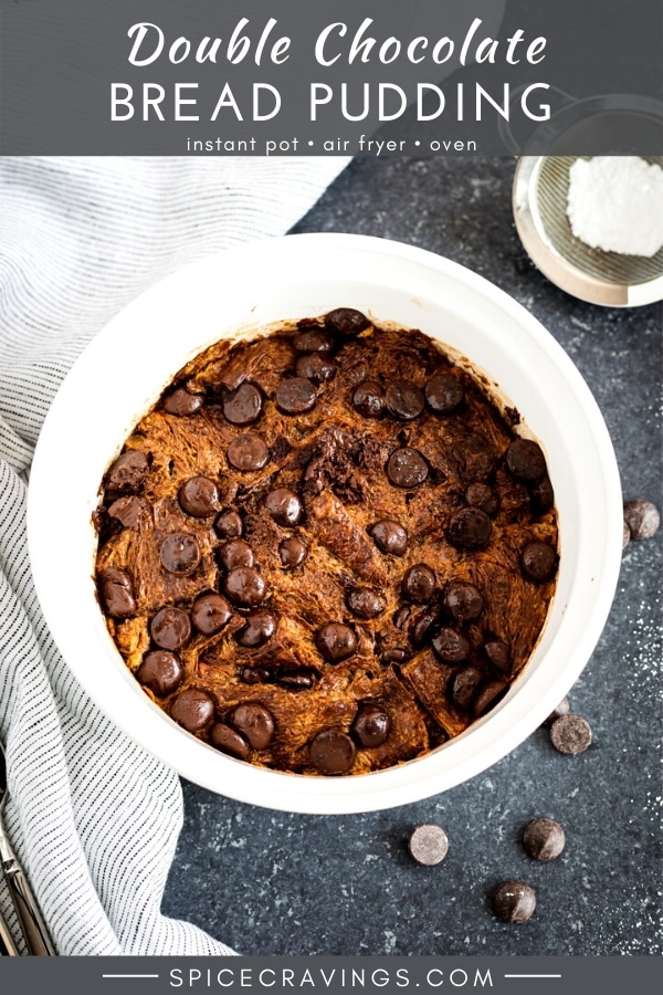 Chocolate Bread Pudding in a white bowl