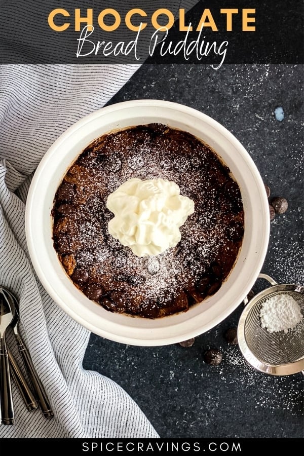Chocolate bread pudding in a white bowl