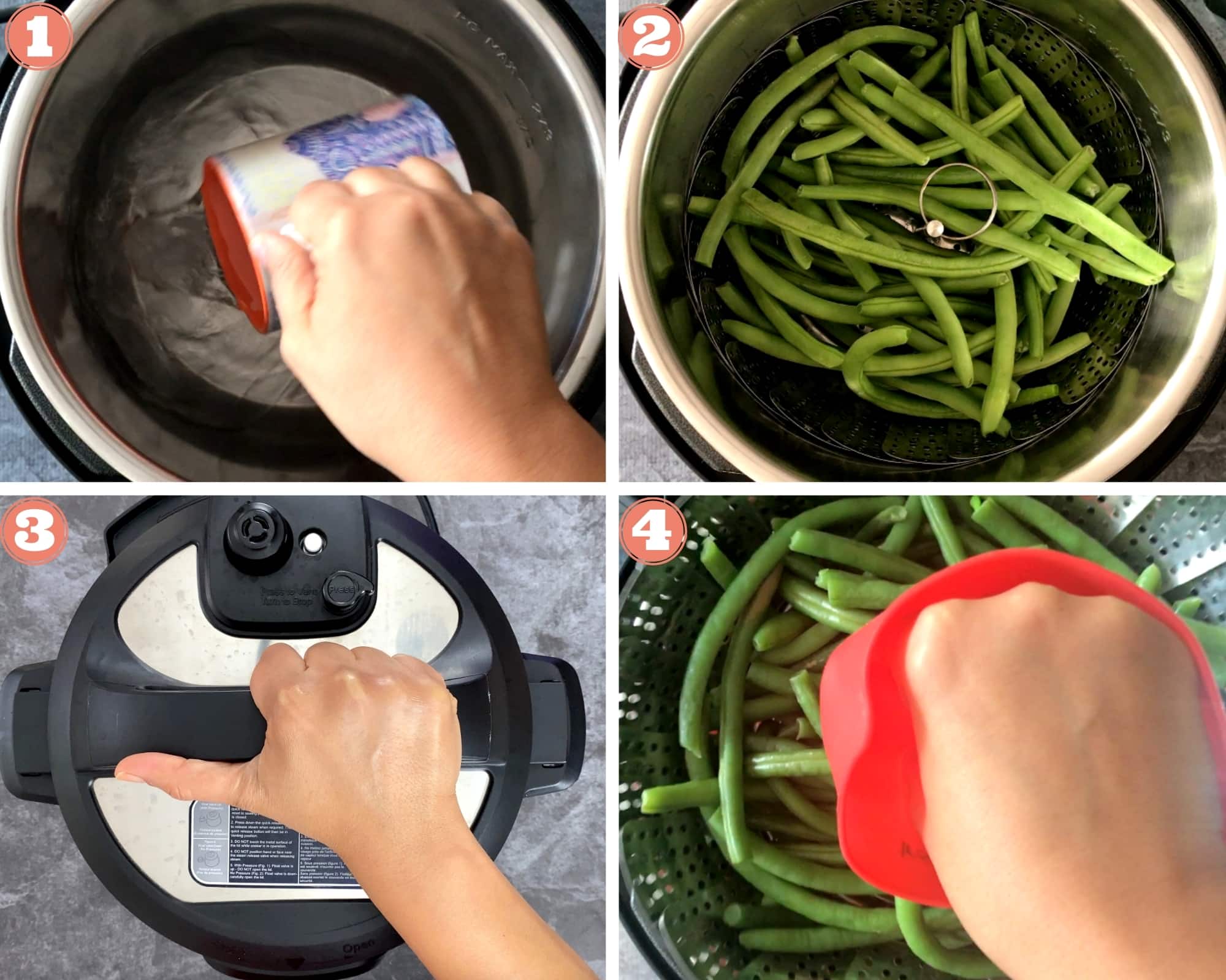 4-steps showing steaming process of green beans in instant pot
