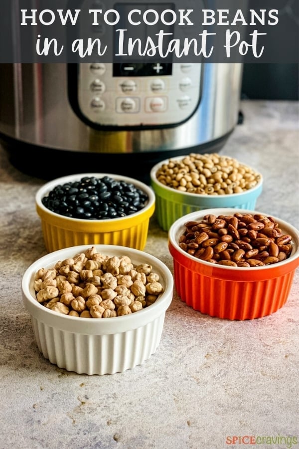 4 bowls of dried beans kept next to an instant pot