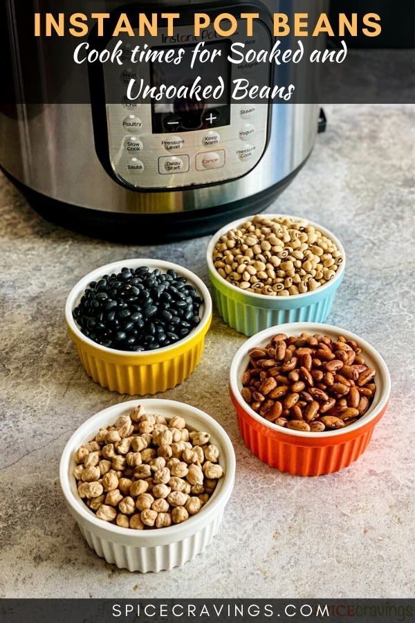 Four bowls of dried beans next to an Instant pot