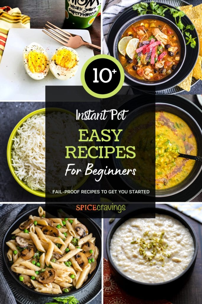 6-grid collage of instant pot recipes including eggs, pasta, rice and lentils