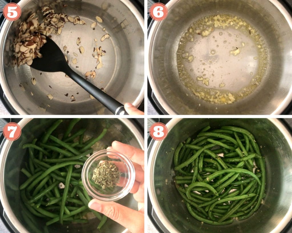 4-steps showing sauteing of beans, garlic and almonds in the instant pot