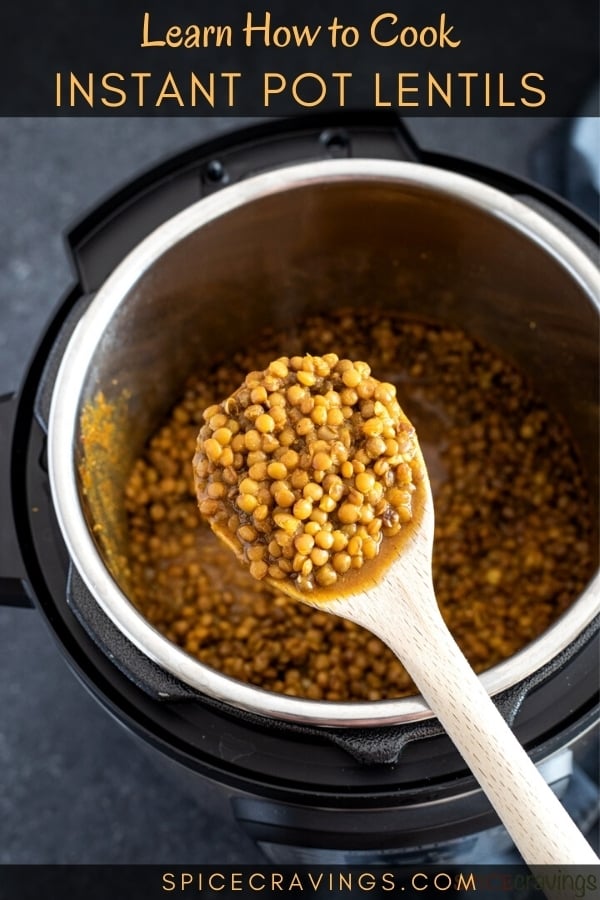 A spoon full of lentils over an Instant Pot