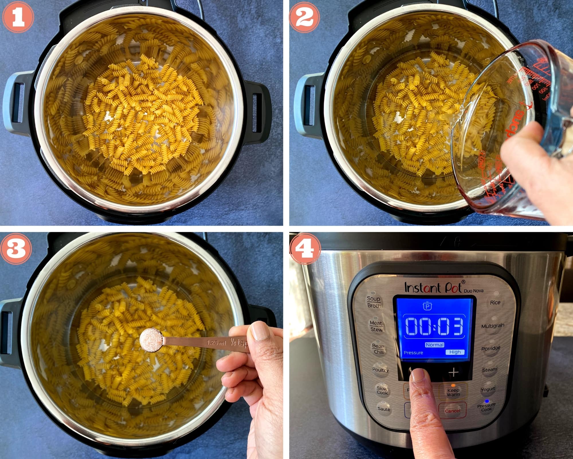 5 steps showing how to cook pasta in an instant pot