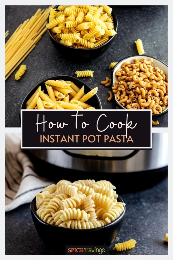 Two shots showing uncooked and cooked pasta next to an Instant Pot
