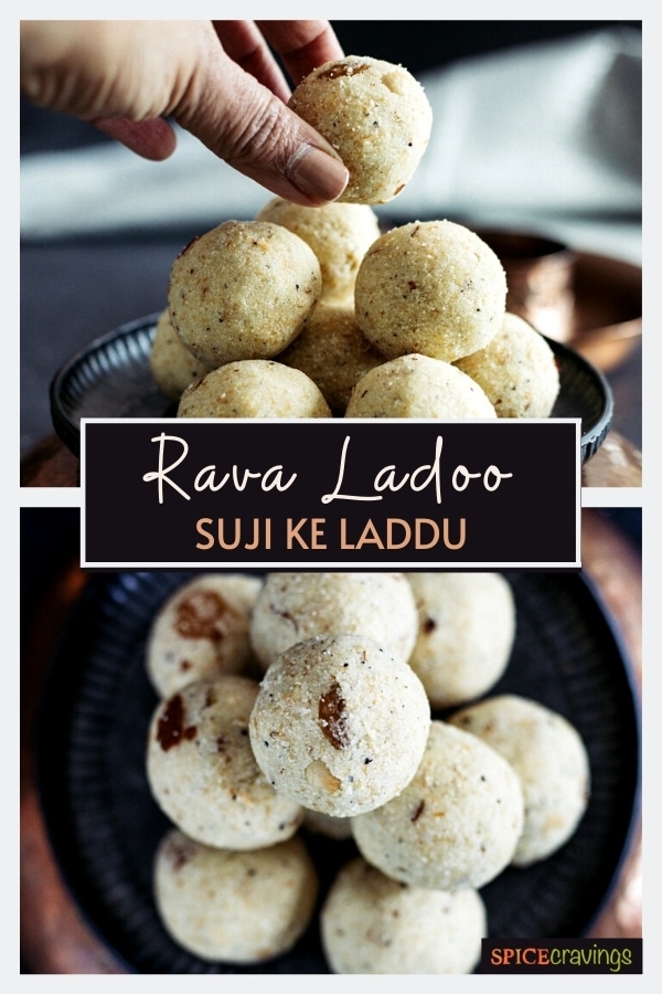 Split images showing hand picking up ladoo