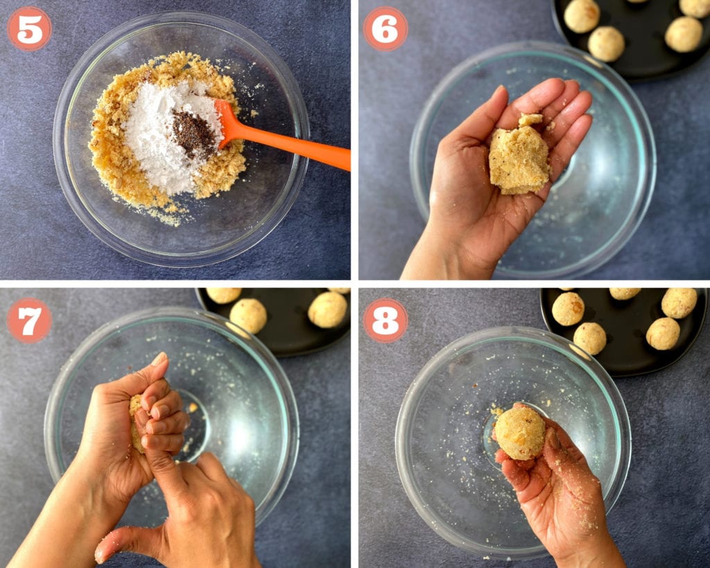 4-gris of images showing the process of binding a ladoo with hands