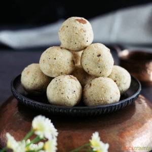 Suji ladoo stacked on a metal plate