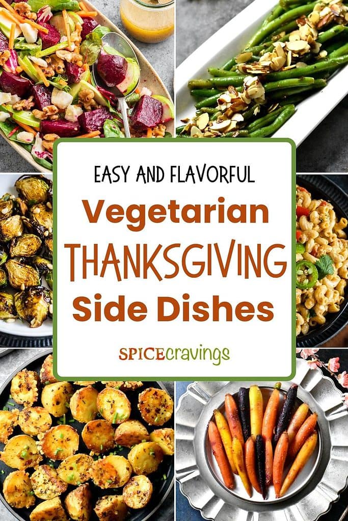 Image collage of six thanksgiving side dishes including potato, carrots and pasta