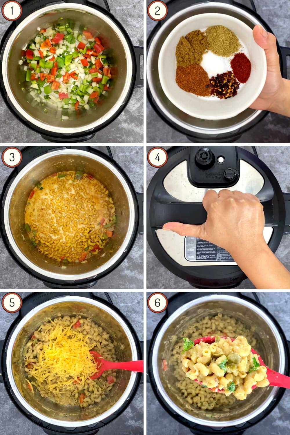 Step by step instructions for making spicy mac and cheese in the Instant Pot