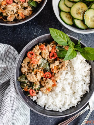 A bowl of Thai basil chicken with a serving of rice in abowl