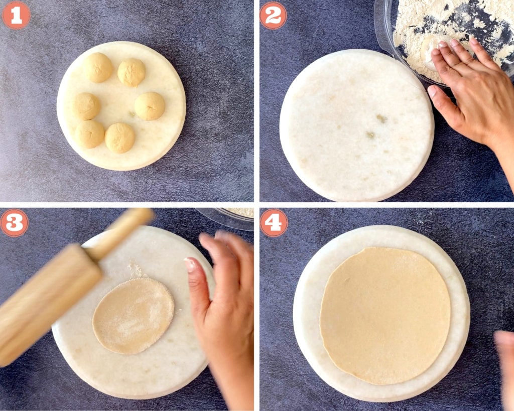 4 steps showing how to roll dough to make roti