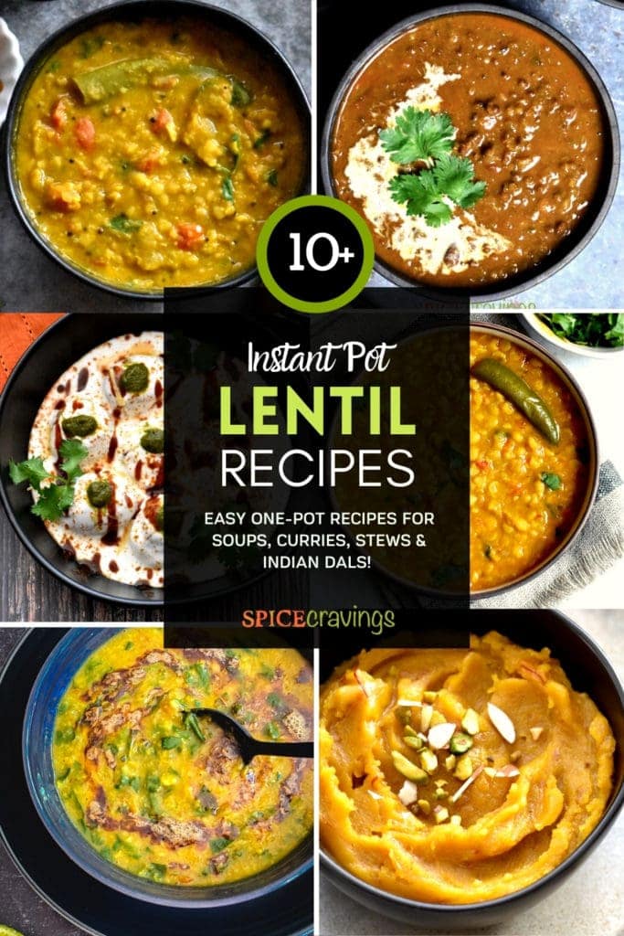6-photo grid of lentil recipes including soup, curry and pudding