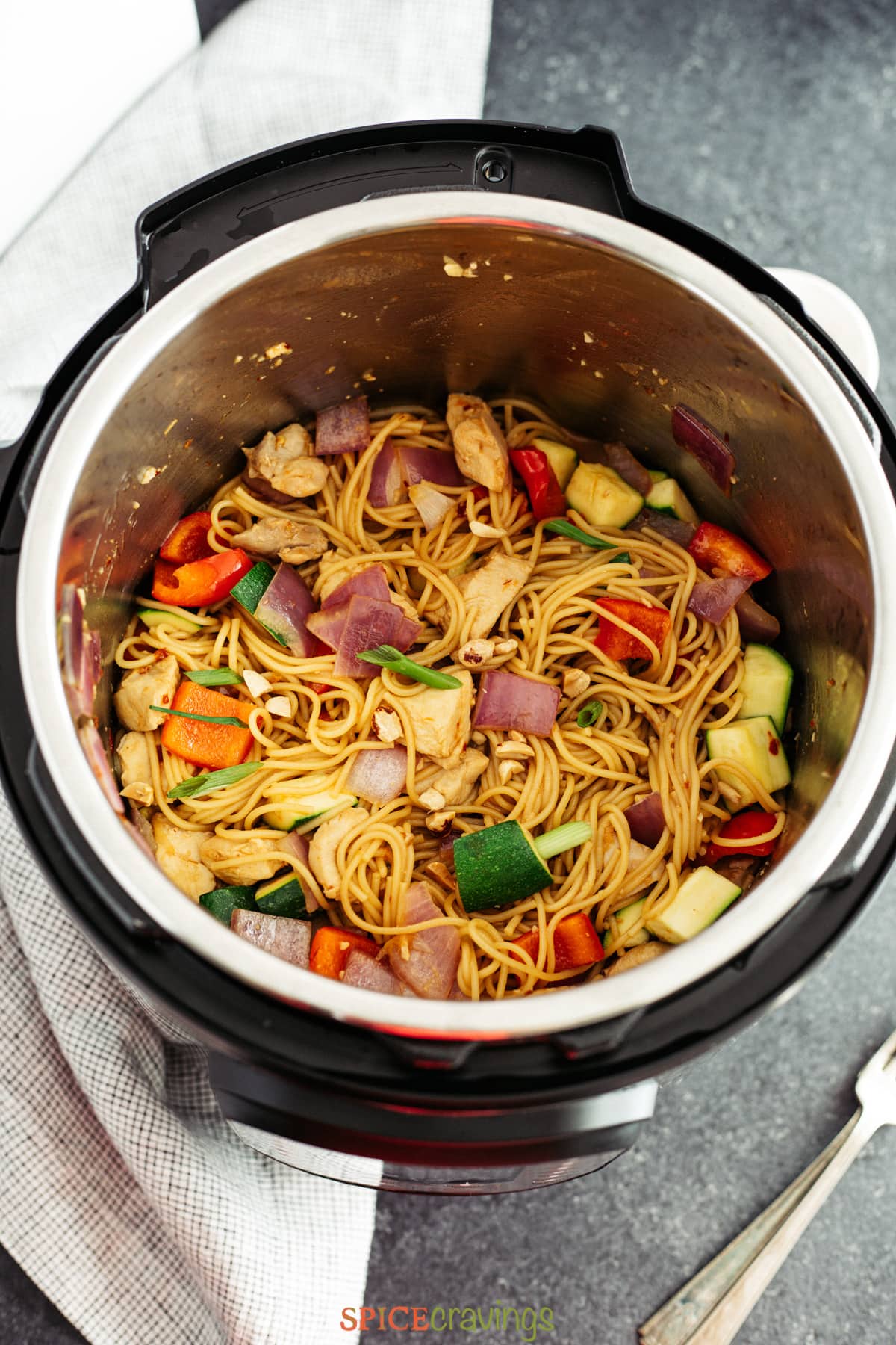 Overhead shot of kung pao spaghetti in an Instant Pot