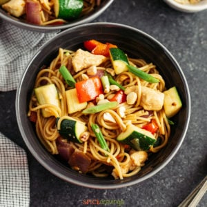 A bowl of noodles with peppers and zucchini in a bowl