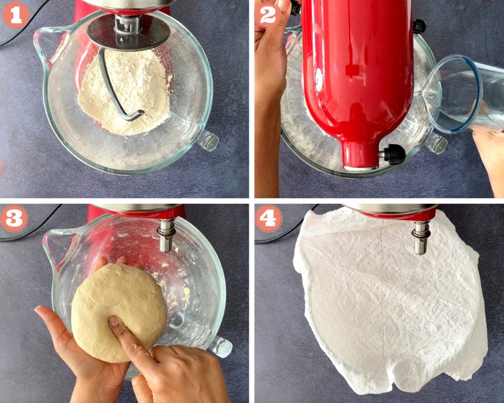 First 4 steps showing how to knead dough in stand mixer