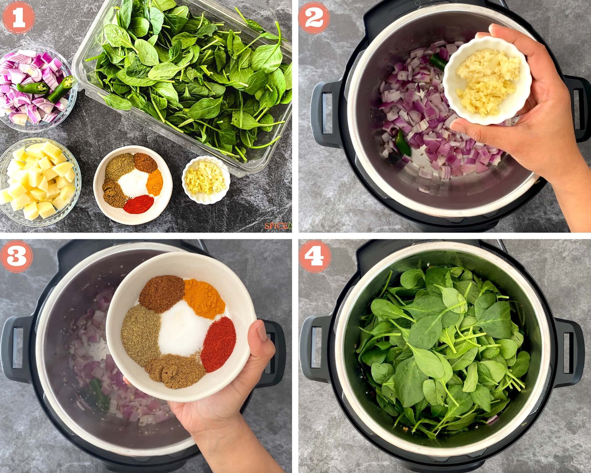 First 4 steps showing how to make saag aloo in Instant Pot