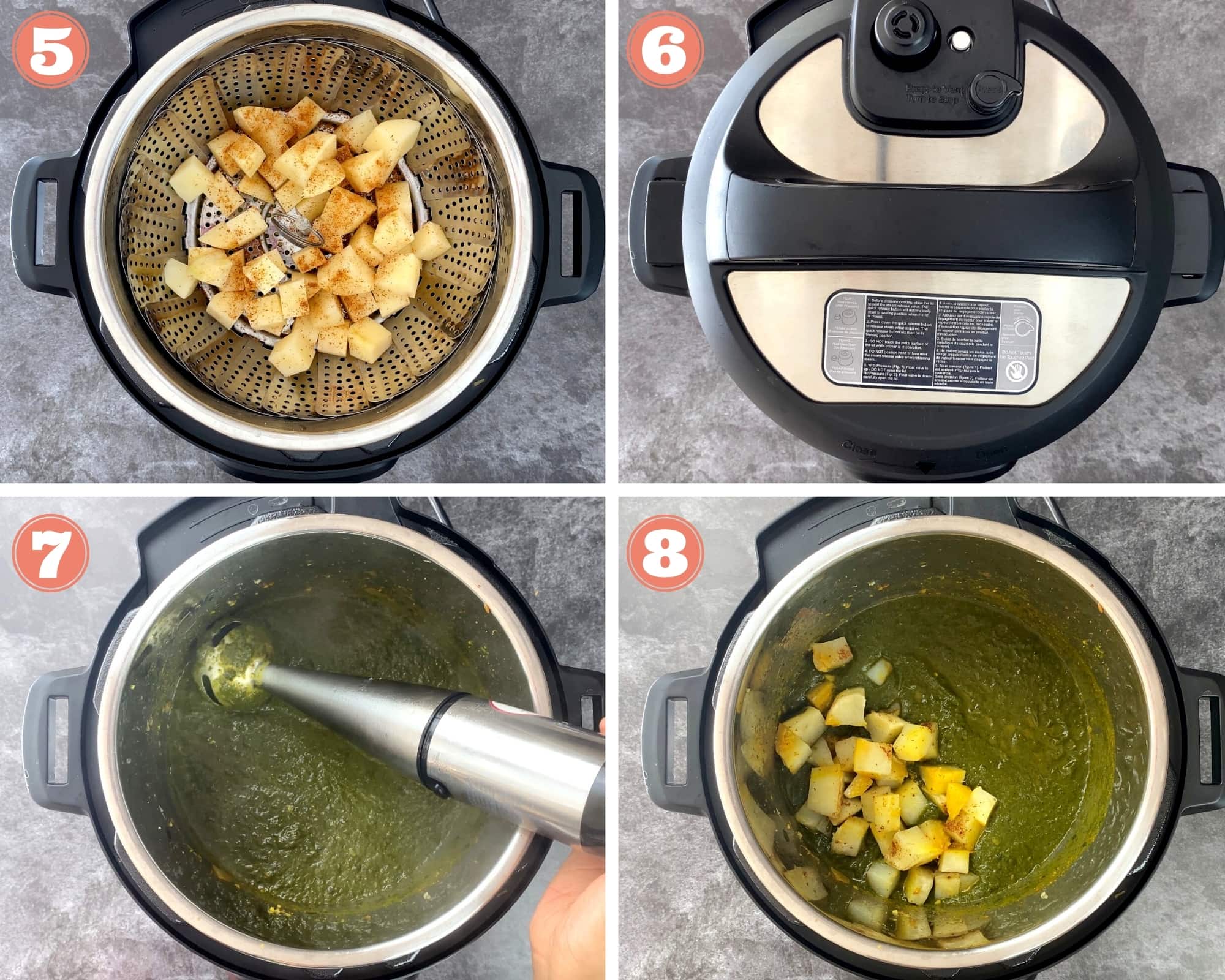 Last four steps showing how to make Saag Aloo in Instant Pot