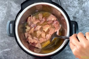 A hand stirring chicken inside of an Instant Pot