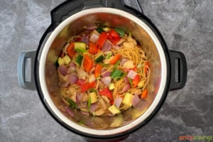 Overhead shot of Kung Pao Spaghetti in a pressure cooker
