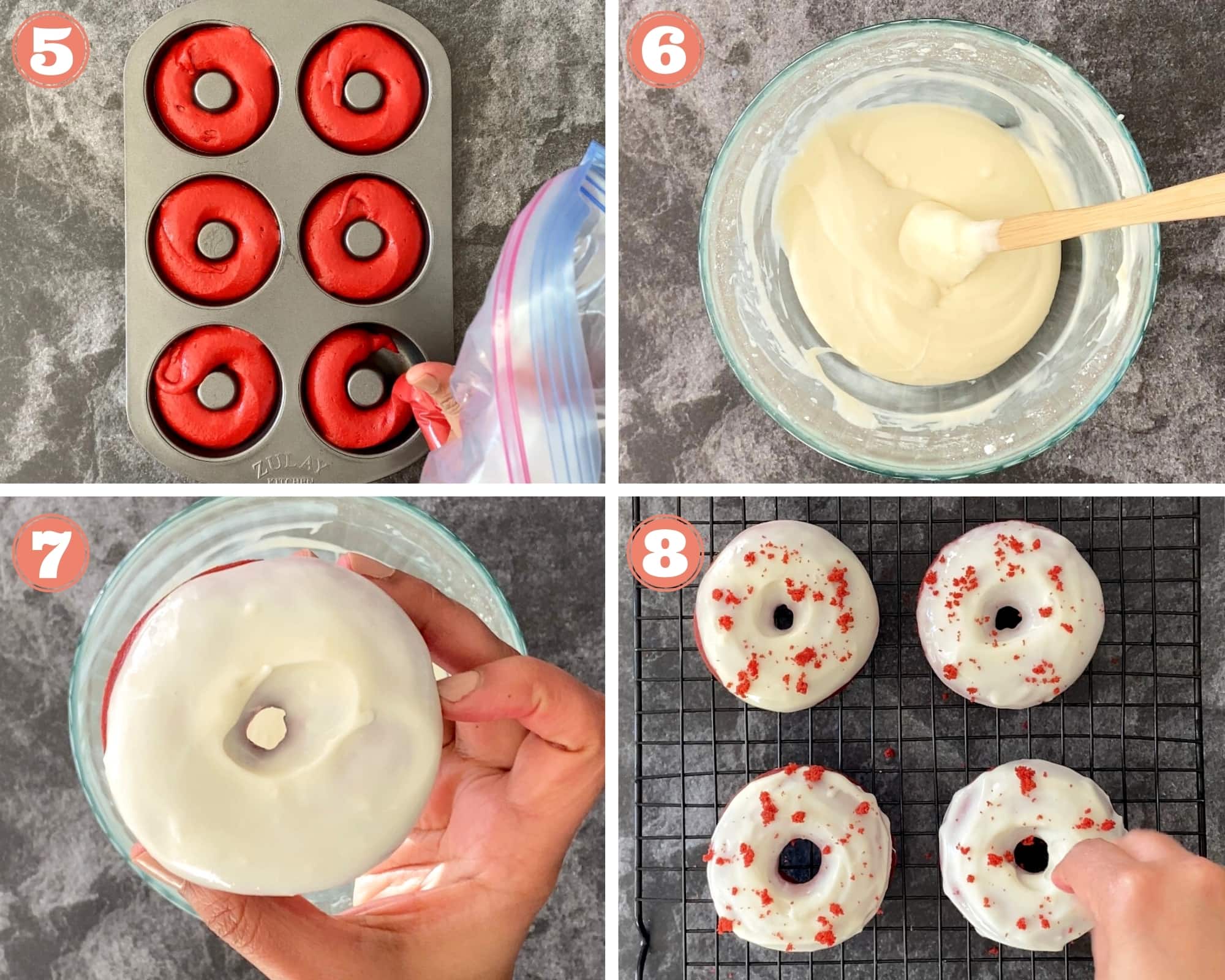 Steps 5 through 8 for making Red Velvet Donuts