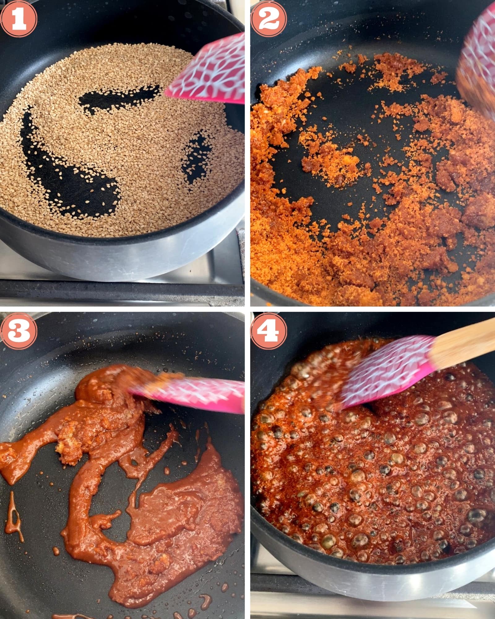 First four steps showing how to make til chikki in a pan