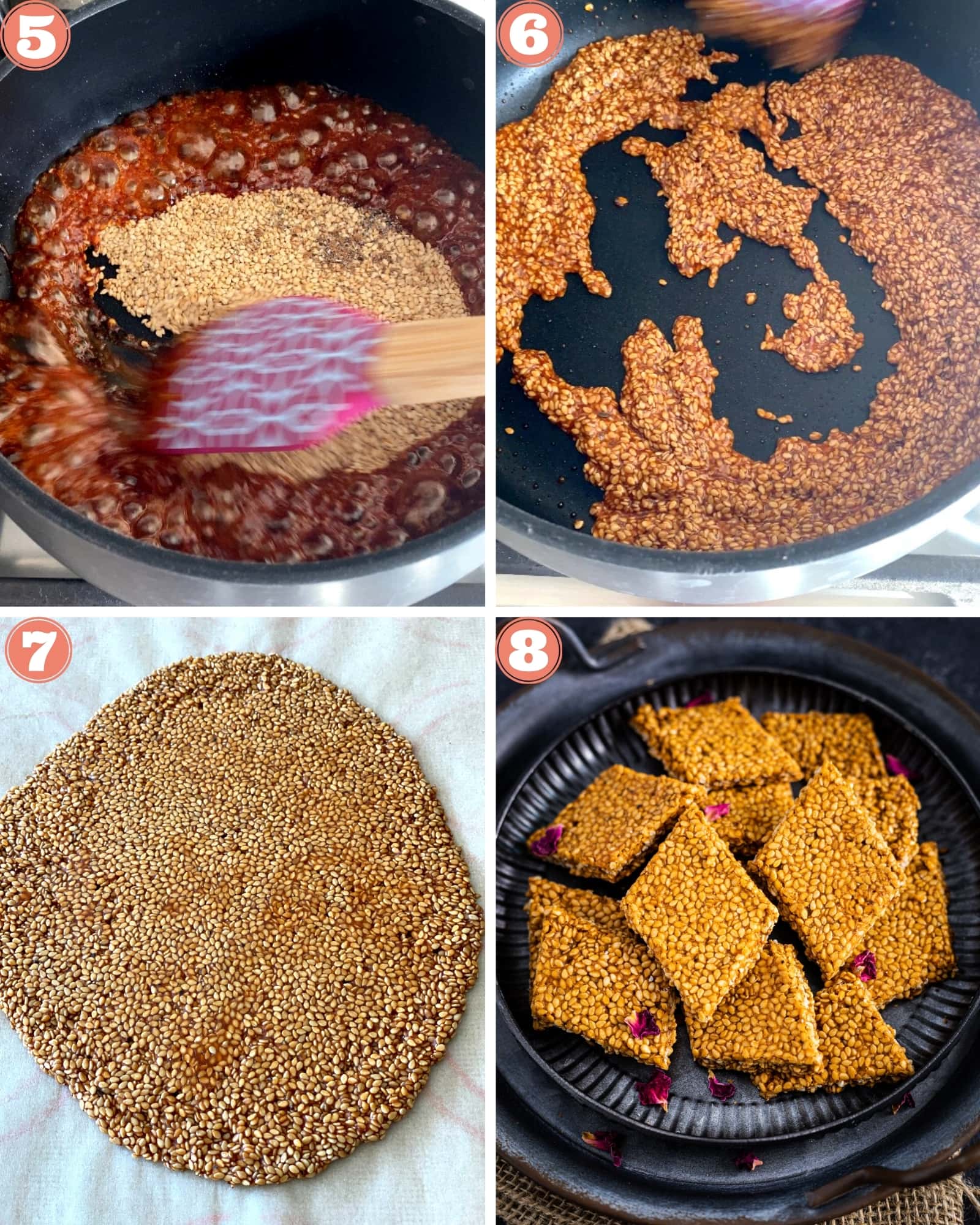 4-photo grid showing the last four steps to make til chikki