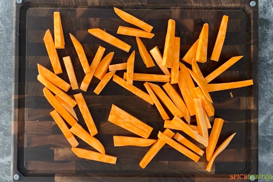 Slices of sweet potatoes on a cutting board