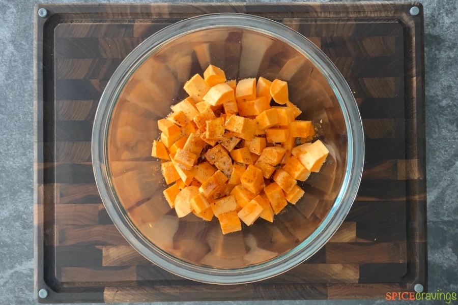 Uncooked sweet potato cubes in a bowl