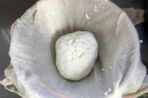 Homemade cheese in a cheesecloth