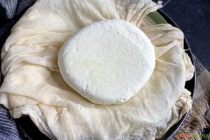 A wheel of homemade paneer on a cheesecloth