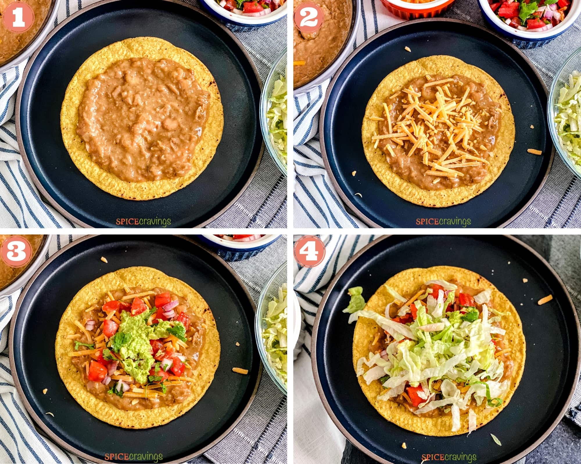 Steps showing how to assemble tostadas