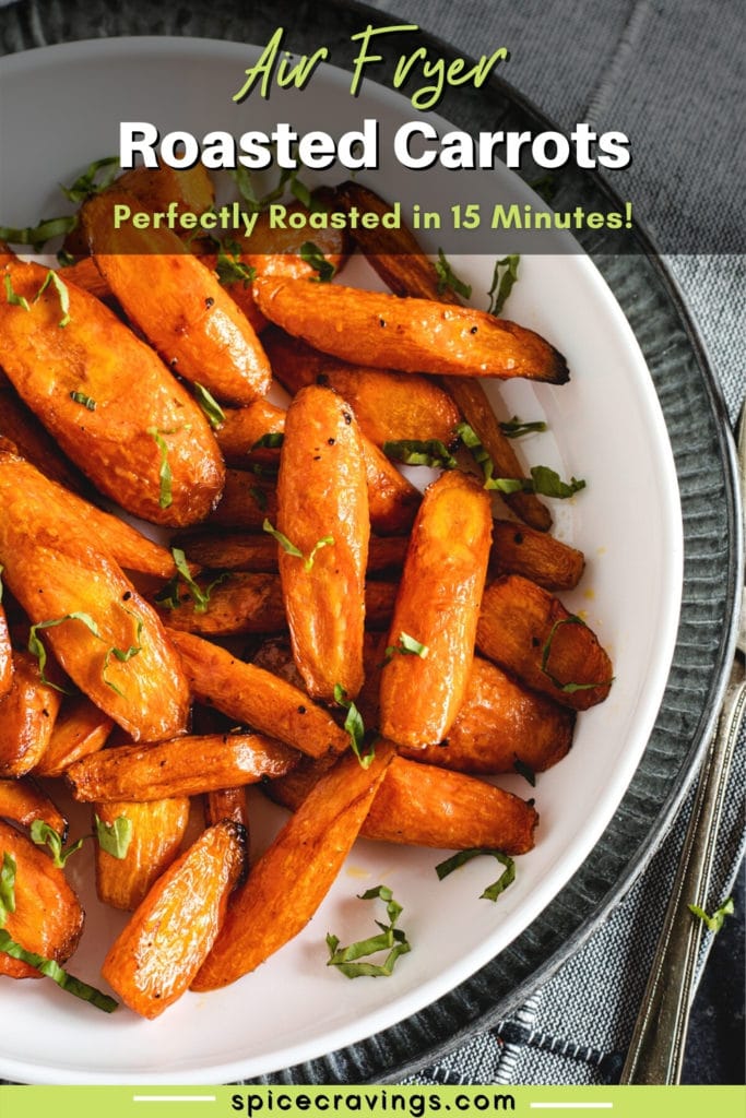 Air Fryer carrots in bowl with garnish close up shot