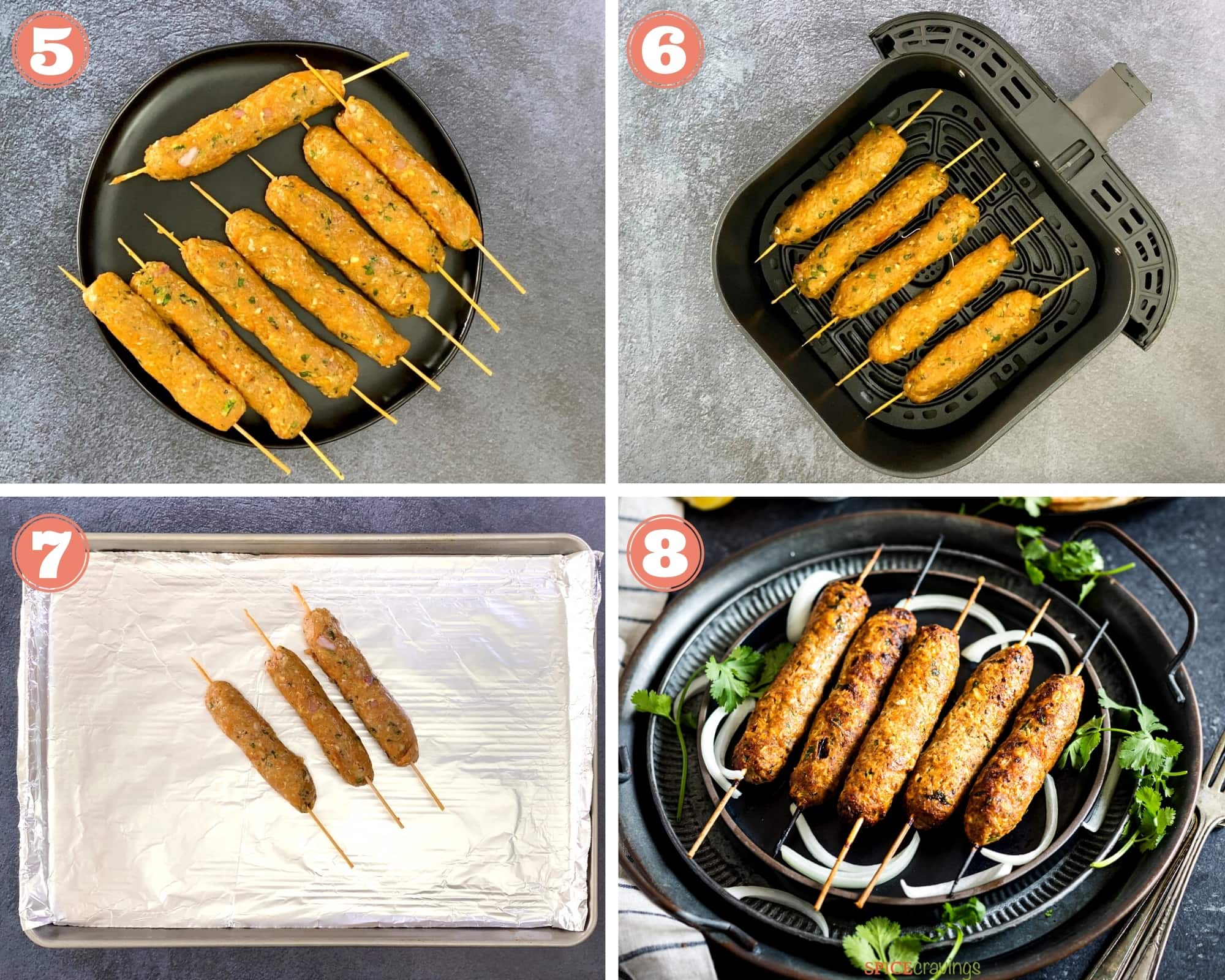 Image grid showing last four steps for making chicken seekh kebab