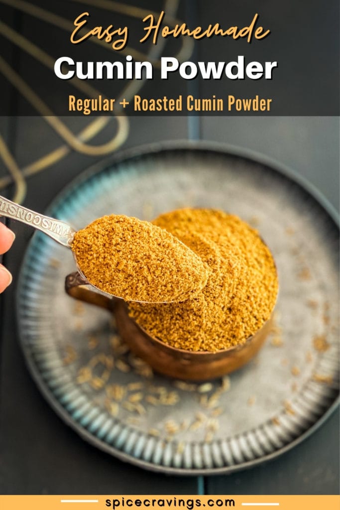 hand scooping spoonful of cumin powder in bowl
