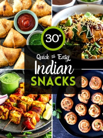 4-grid image showing Indian snacks- samosa, chaat, paneer tikka and pinwheels