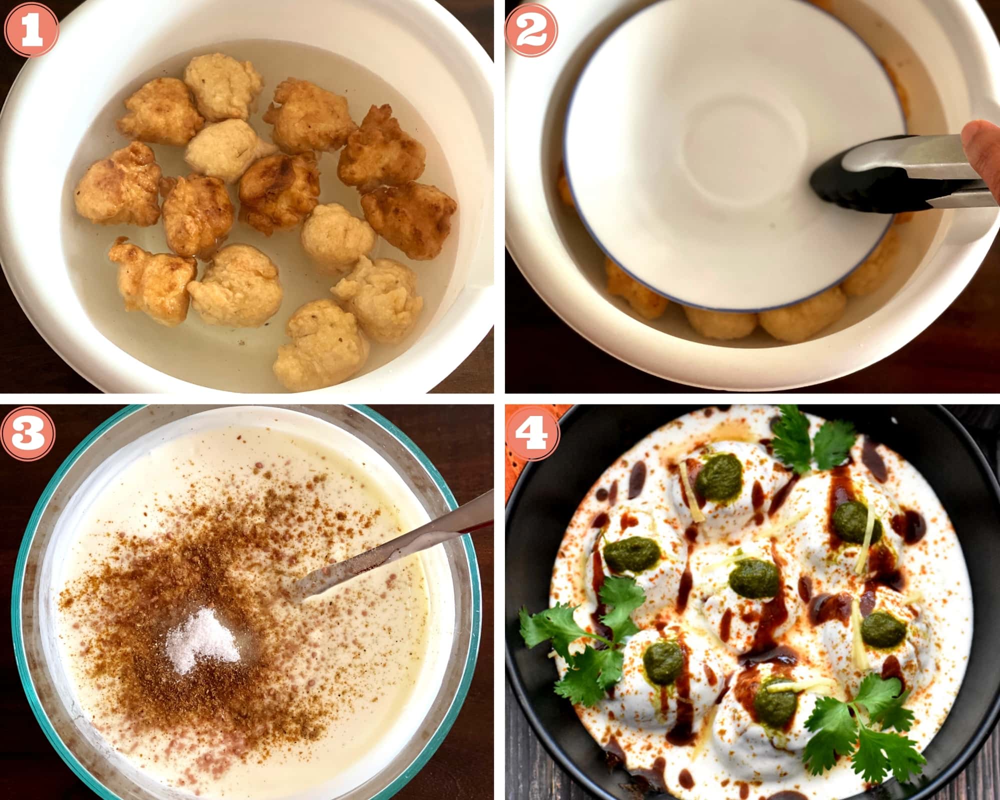 Four photo grid showing soaking vadas, yogurt bowl with spices, garnished dahi vada in bowl