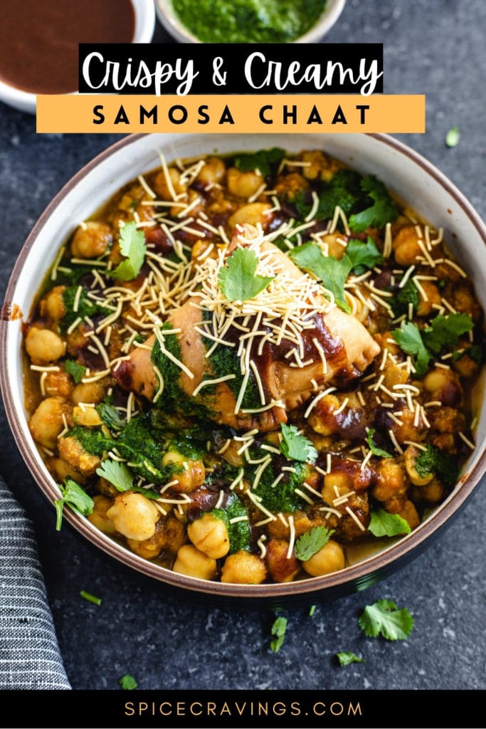 samosa chaat with toppings in bowl